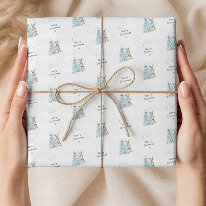 Pastel Reindeer Christmas Tree Personalised Wrapping Paper – Pink or Blue – 5 A3 Sheets