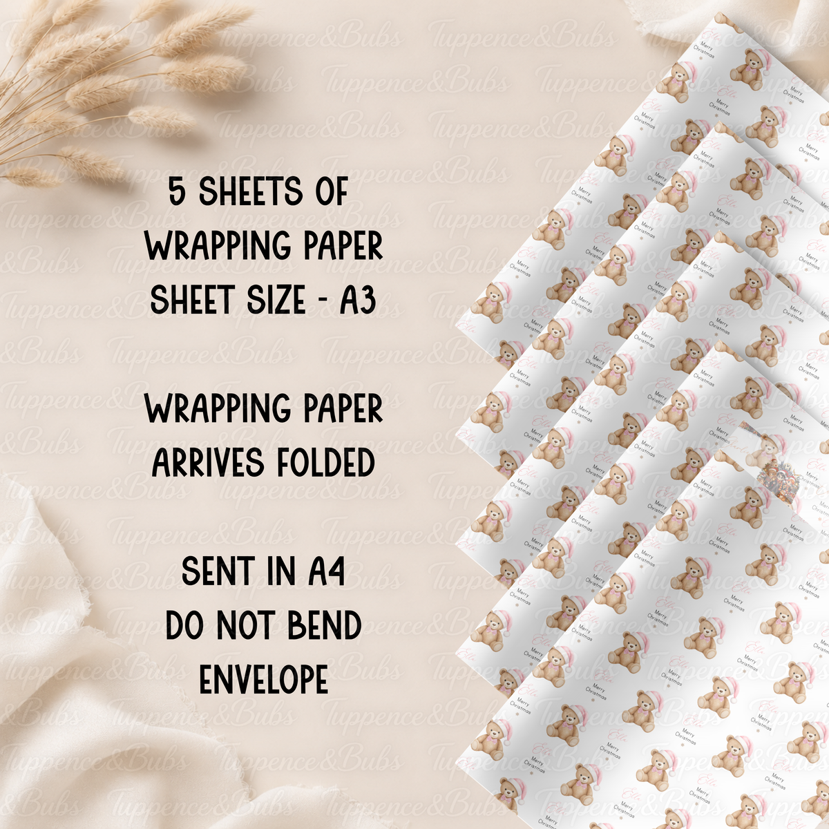 Christmas Teddy Bear Personalised Wrapping Paper – Pink, Blue or Red – 5 A3 Sheets