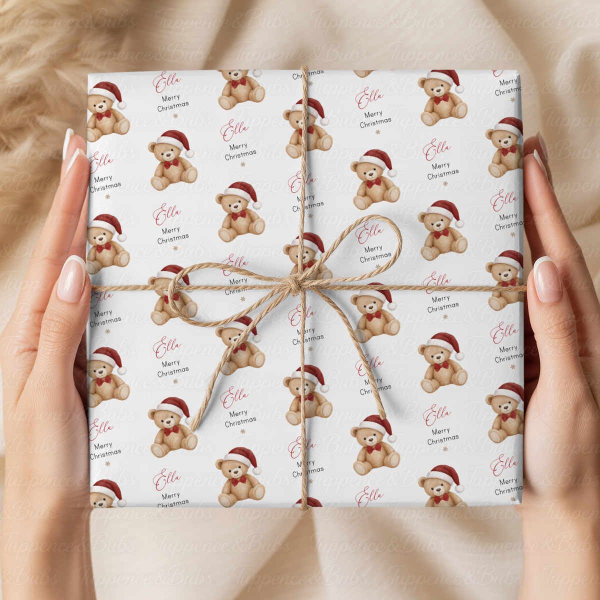Christmas Teddy Bear Personalised Wrapping Paper – Pink, Blue or Red – 5 A3 Sheets