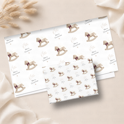 Beige Rocking Horse Personalised Christmas Wrapping Paper – 5 A3 Sheets