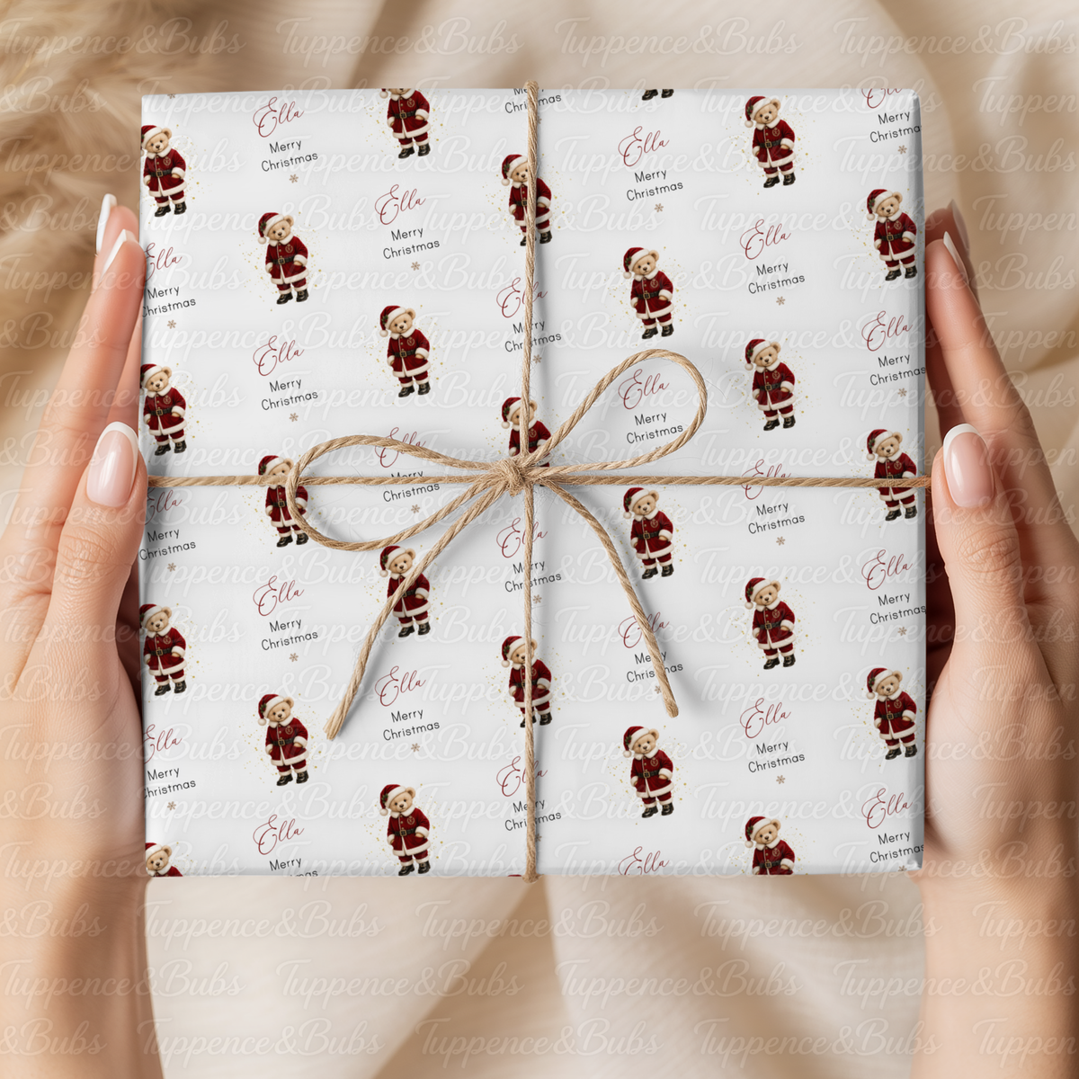 Traditional Christmas Teddy Bear Couple Personalised Wrapping Paper – 5 A3 Sheets