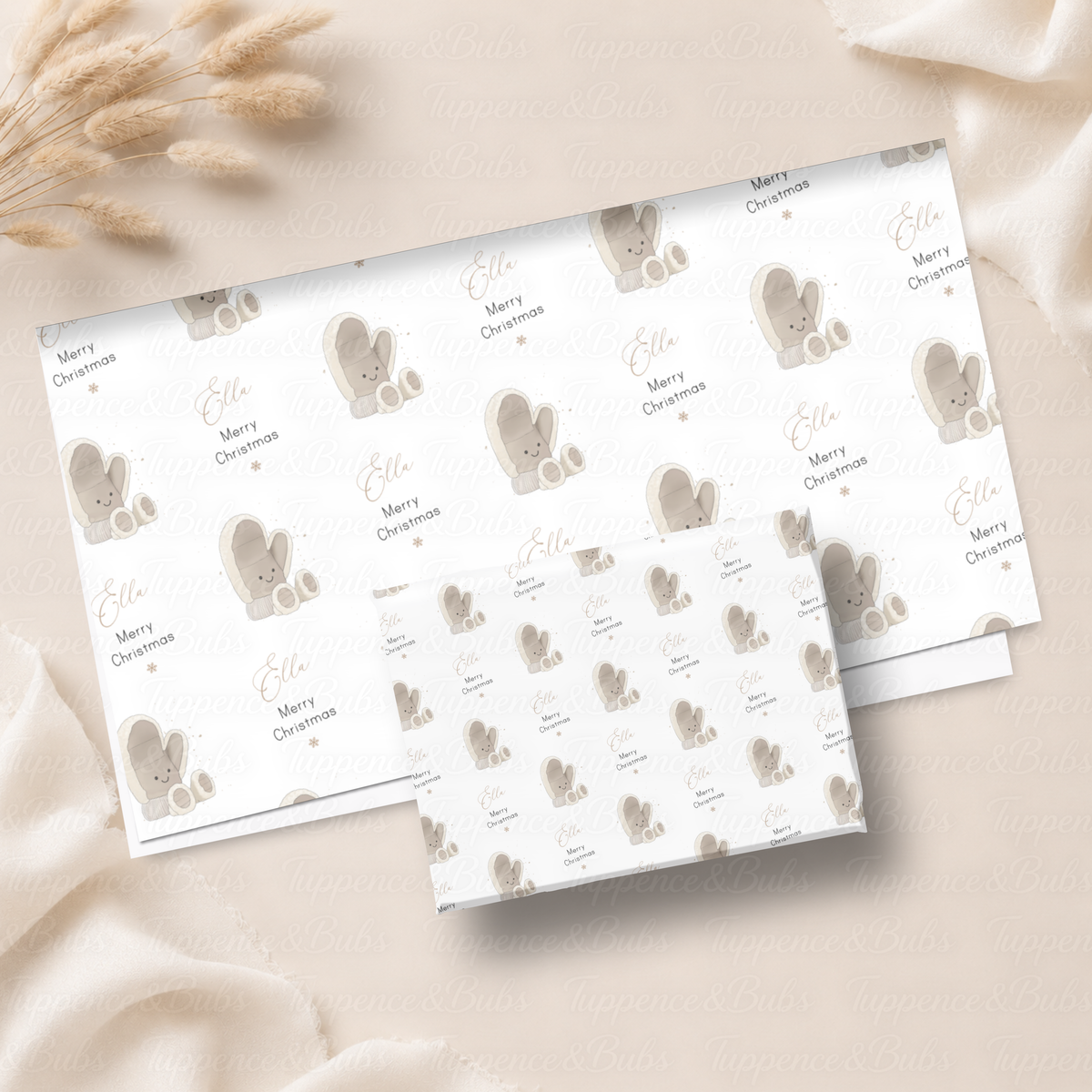 Cute Beige Winter Mittens Personalised Christmas Wrapping Paper – 5 A3 Sheets