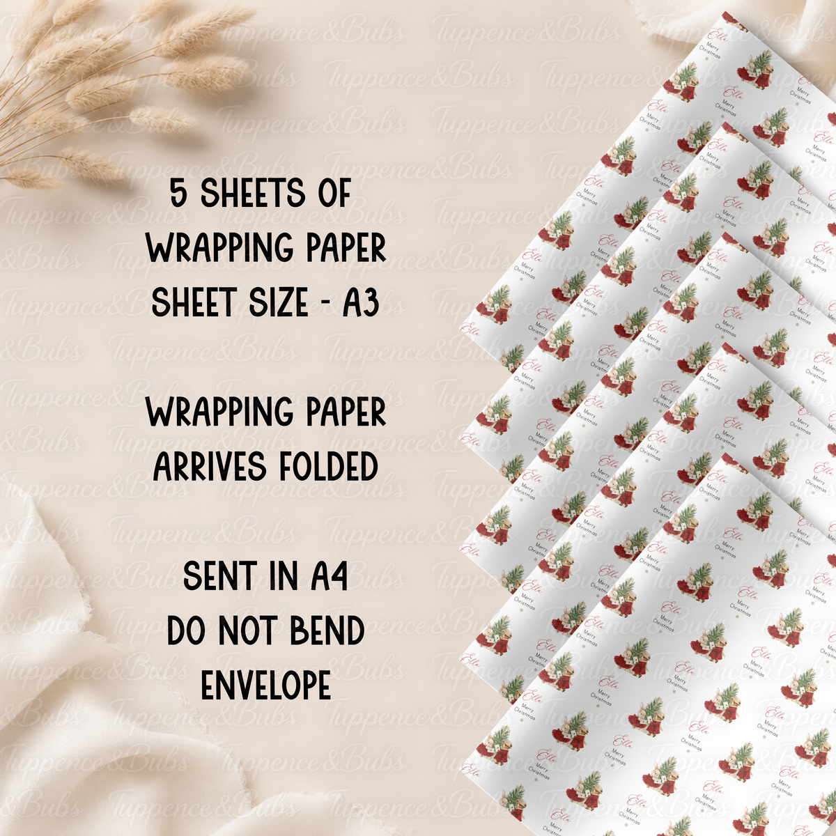 Woodland Christmas Rabbits & Tree Personalised Wrapping Paper – 5 A3 Sheets