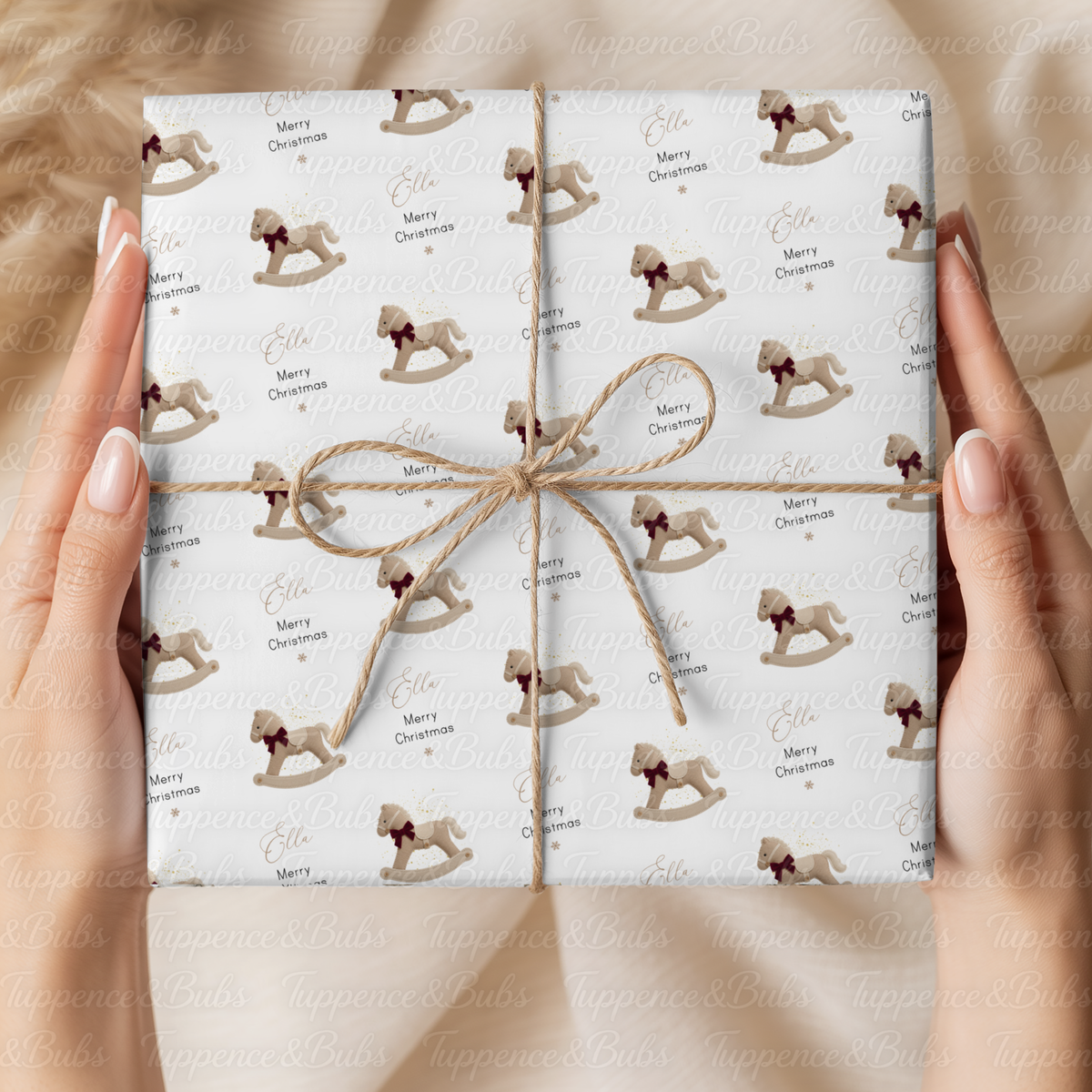 Beige Rocking Horse Personalised Christmas Wrapping Paper – 5 A3 Sheets