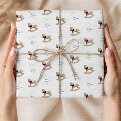 Beige Rocking Horse Personalised Christmas Wrapping Paper – 5 A3 Sheets