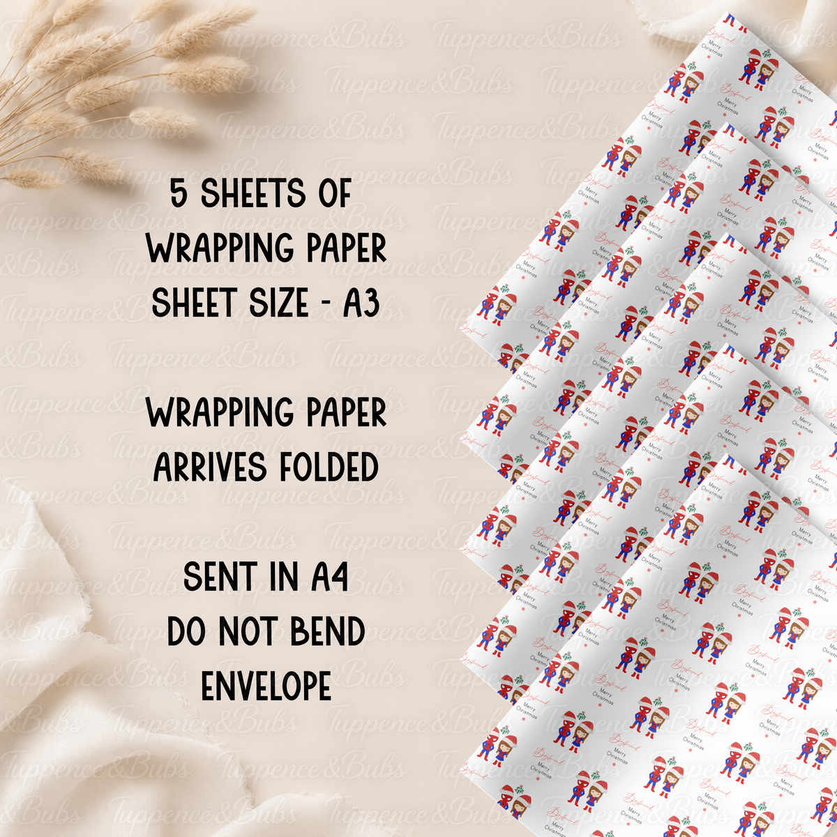 Christmas Superhero Couple Wrapping Paper – 3 Designs – 5 A3 Sheets