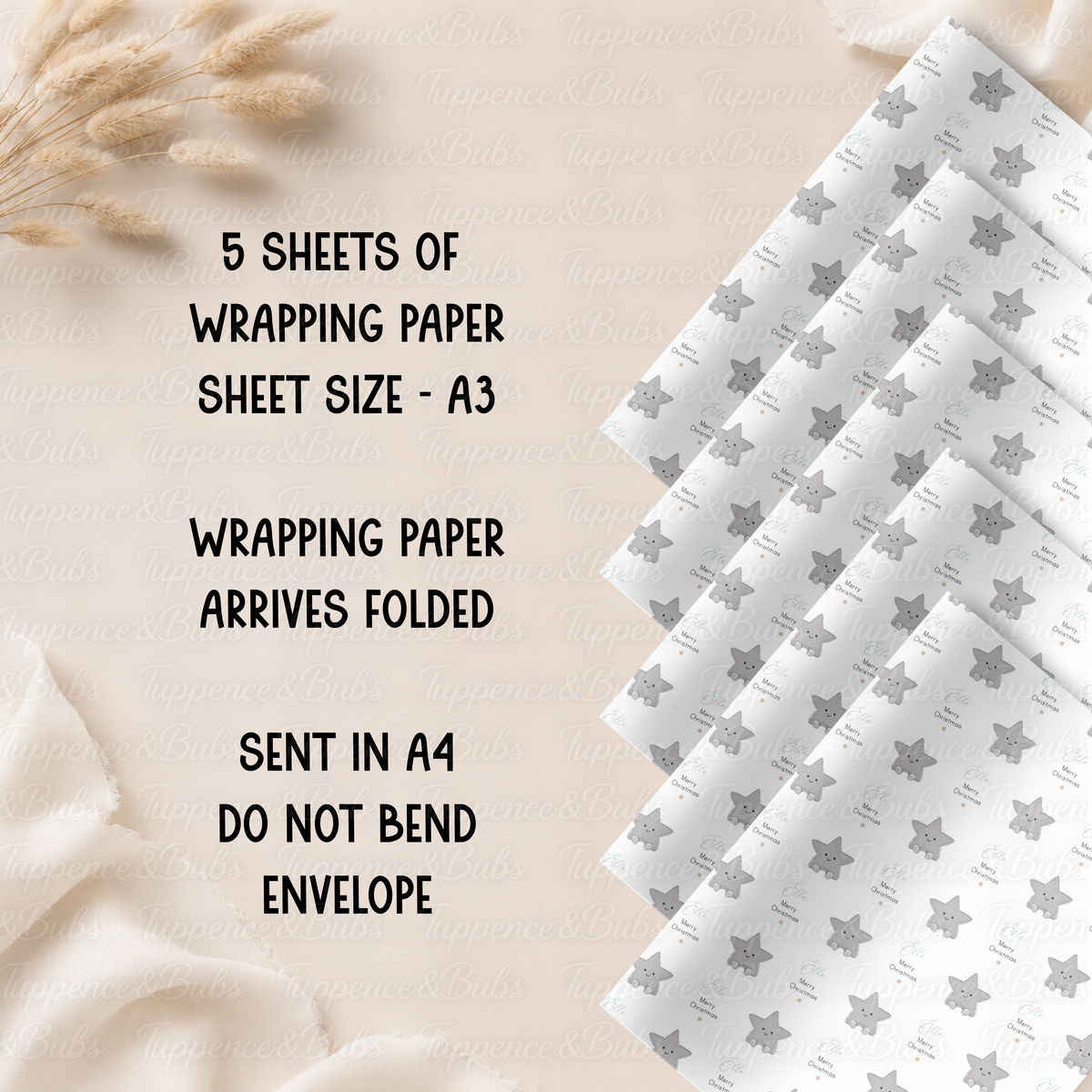 Cute Silver Star Personalised Christmas Wrapping Paper – 5 A3 Sheets