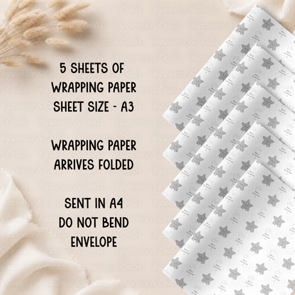 Cute Silver Star Personalised Christmas Wrapping Paper – 5 A3 Sheets