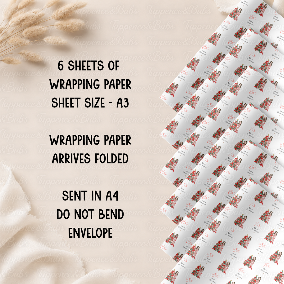 Festive Girl & Christmas Tree Personalised Wrapping Paper – 5 A3 Sheets