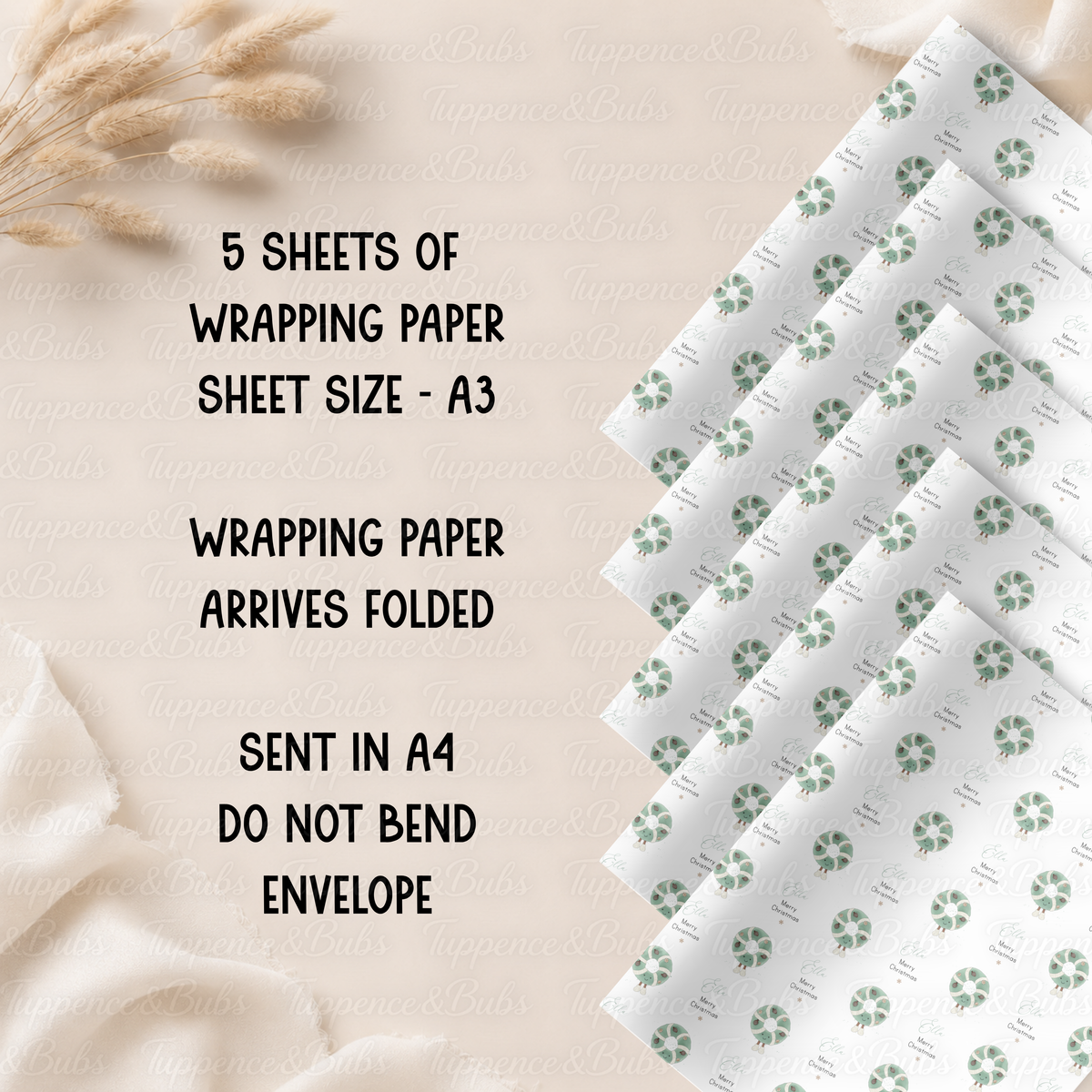 Sage Green Peppermint Sweet Personalised Christmas Wrapping Paper – 5 A3 Sheets
