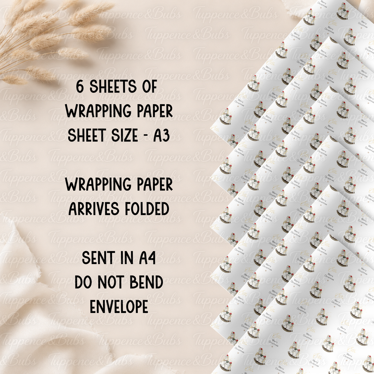 White Rocking Horse Personalised Christmas Wrapping Paper – 5 A3 Sheets