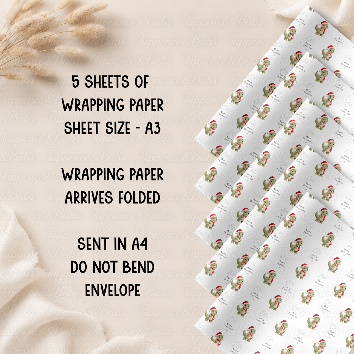 Cute Green Christmas Dinosaur Personalised Wrapping Paper – 5 A3 Sheets
