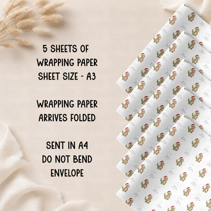 Cute Green Christmas Dinosaur Personalised Wrapping Paper – 5 A3 Sheets