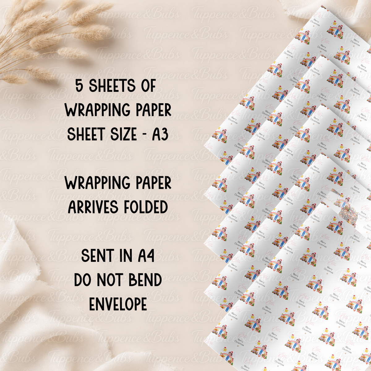Colourful Rainbow Christmas Girl Personalised Wrapping Paper – 5 A3 Sheets