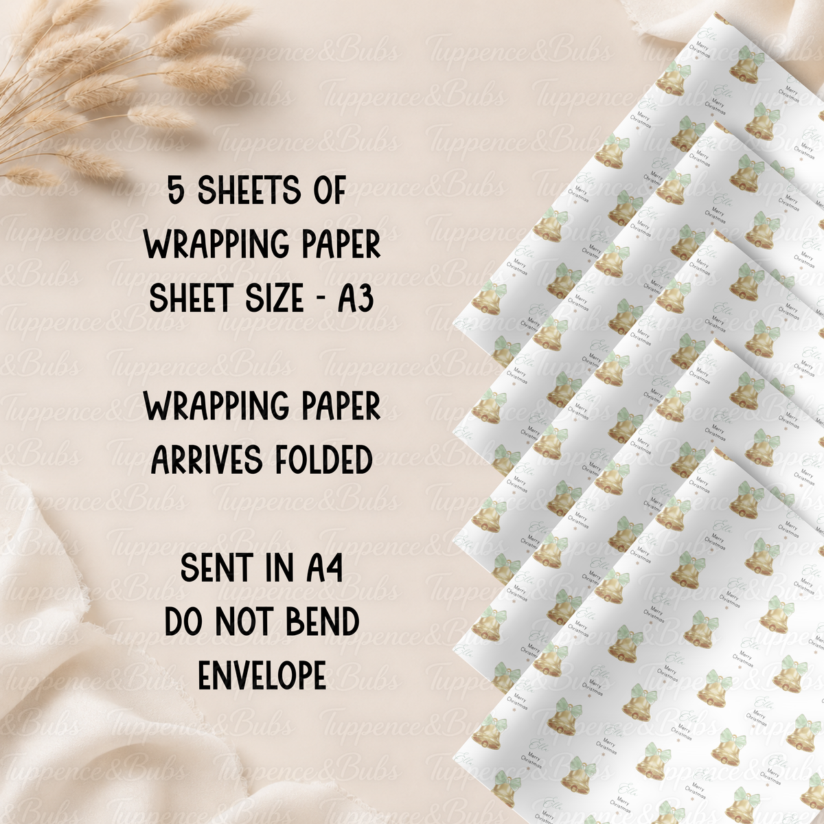 Gold Christmas Bells with Sage Green Bows Personalised Wrapping Paper – 5 A3 Sheets