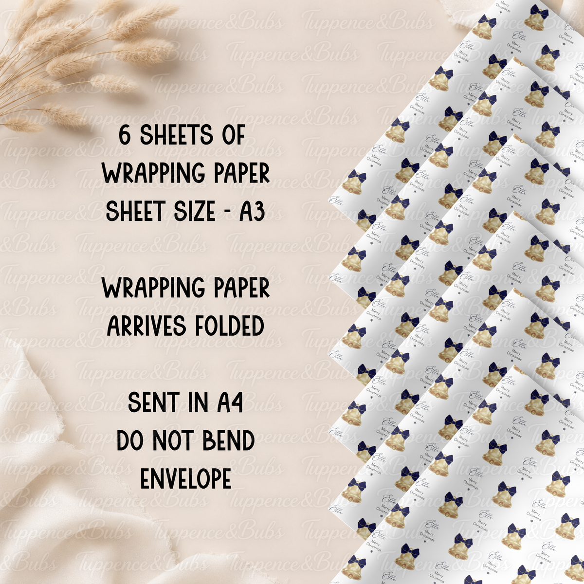 Gold Christmas Bells with Navy Blue Bows Personalised Wrapping Paper – 5 A3 Sheets