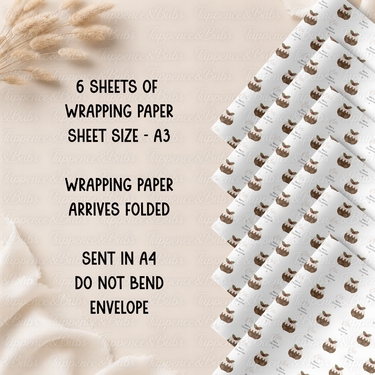 Cute Christmas Pudding Personalised Wrapping Paper – 5 A3 Sheets