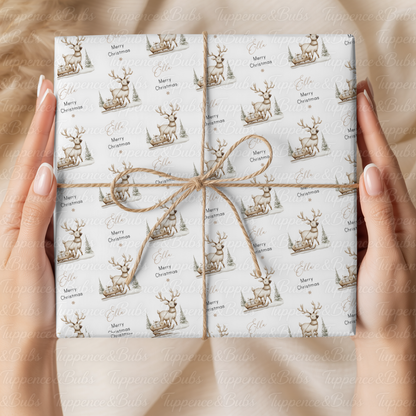 Neutral Beige Reindeer Personalised Christmas Wrapping Paper – 5 A3 Sheets