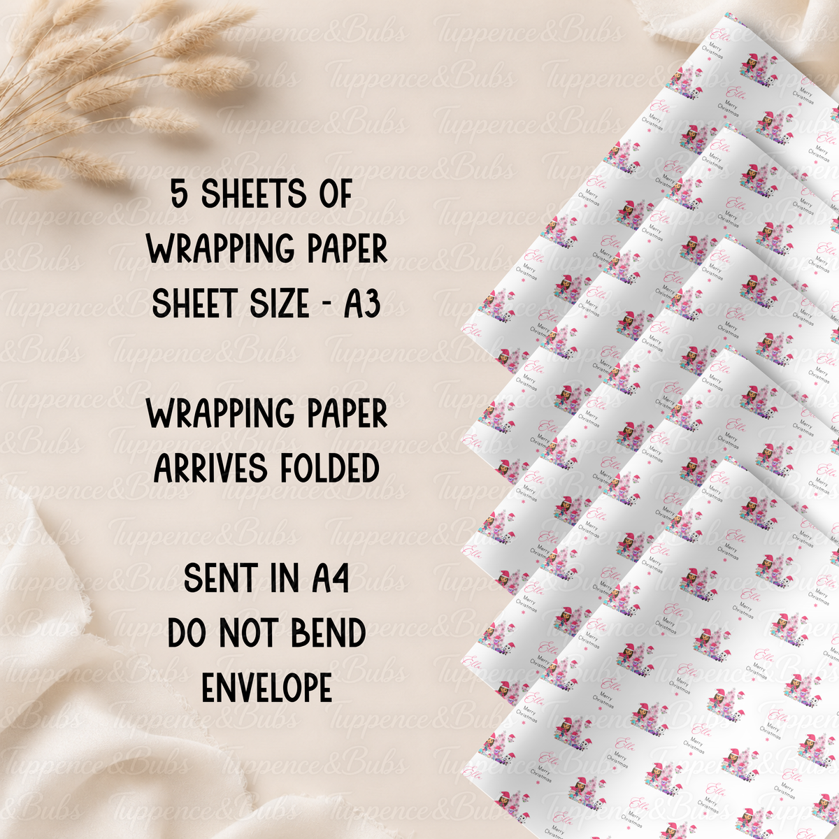 Pink Dollhouse Characters Personalised Wrapping Paper – 5 A3 Sheets