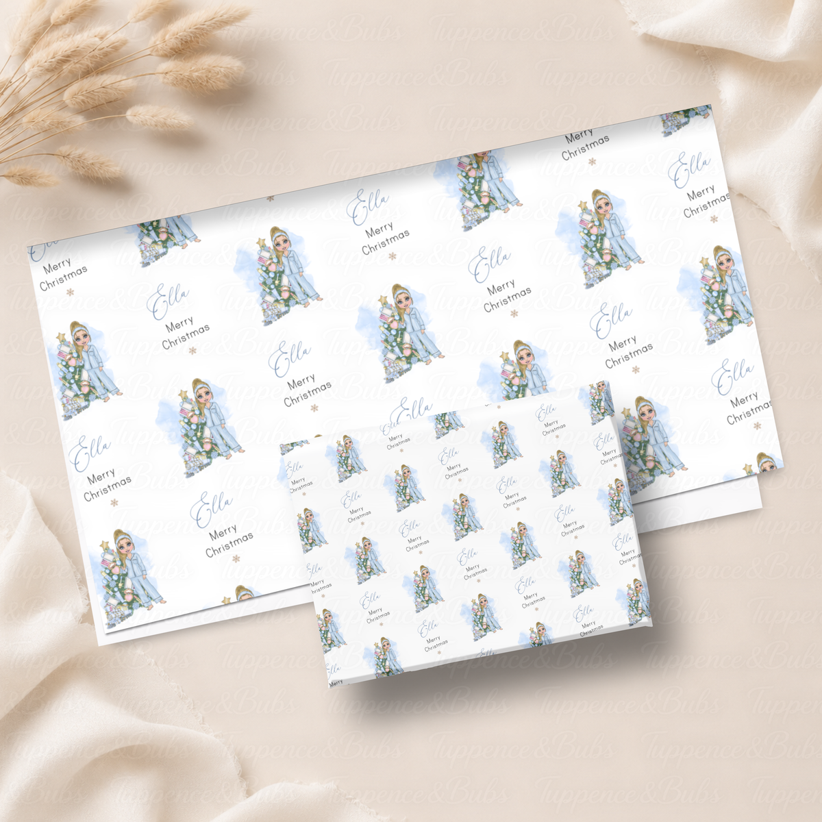Personalised Blue Christmas Pyjamas Girl Wrapping Paper - 5 x A3 Sheets