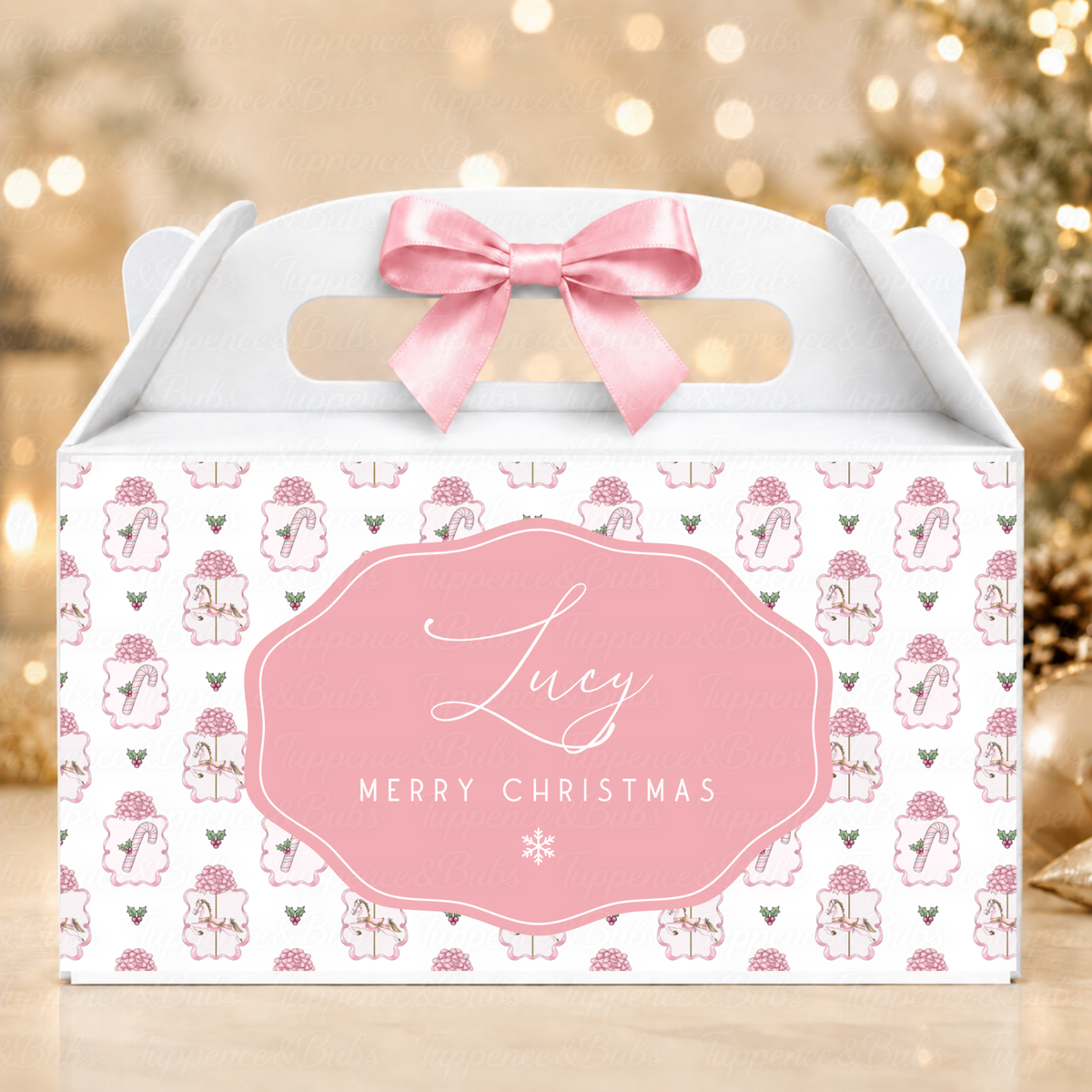 Personalised Pink Candy Cane Christmas Gable Box