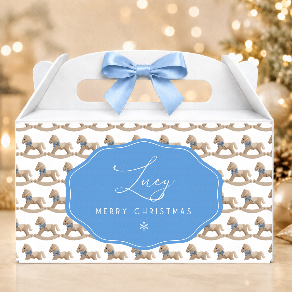 Personalised Rocking Horse Christmas Gable Box – Baby Blue Design