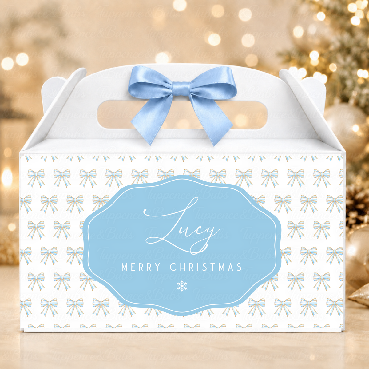 Personalised Blue Bow Christmas Gable Box – Pastel Festive Design
