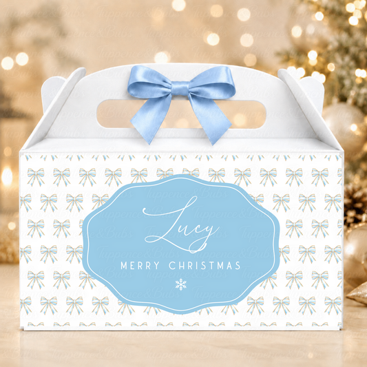 Personalised Blue Bow Christmas Gable Box – Pastel Festive Design
