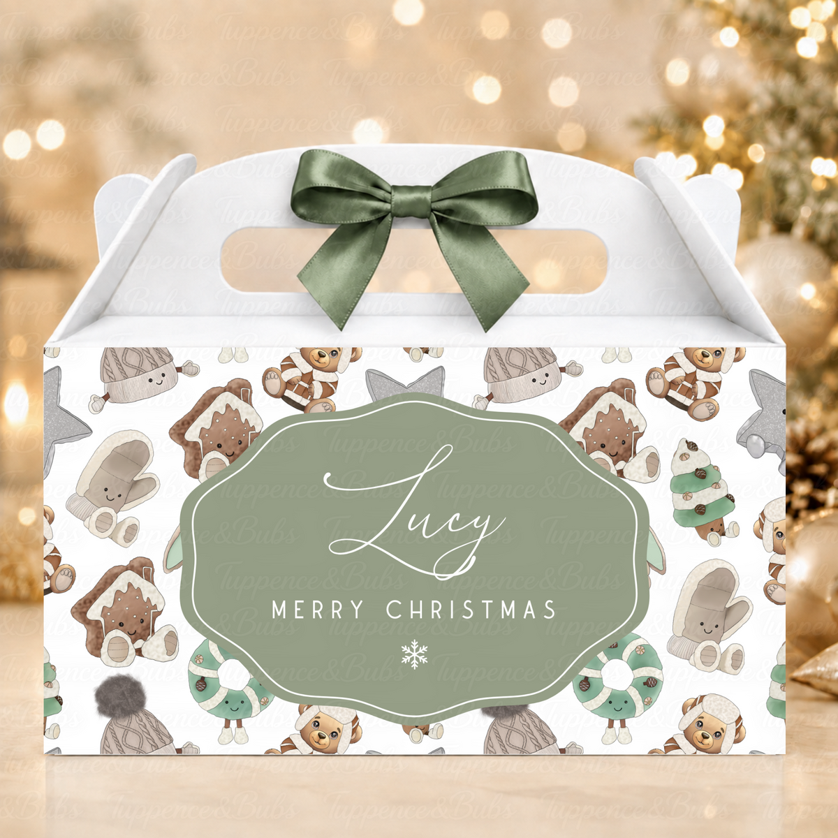 Personalised Christmas Plushies Gable Box – Sage Green Festive Treats