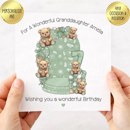 Sage Green & Gold Bear Themed Birthday Card