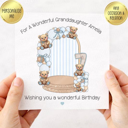 Blue Bear Stage & Balloon Themed Birthday Card