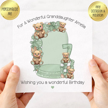 Sage Green & Gold Bear Themed Birthday Card